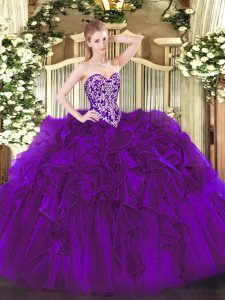 Attractive Purple Lace Up Sweetheart Beading and Ruffles Ball Gown Prom Dress Organza Sleeveless