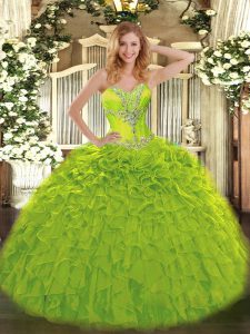 Fancy Sleeveless Floor Length Beading and Ruffles Lace Up Sweet 16 Dress with Olive Green