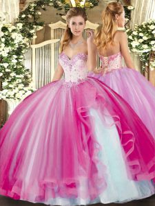 Sweetheart Sleeveless 15th Birthday Dress Floor Length Beading and Ruffles Fuchsia Tulle