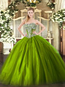 Chic Tulle Strapless Sleeveless Lace Up Beading Quinceanera Gown in Olive Green