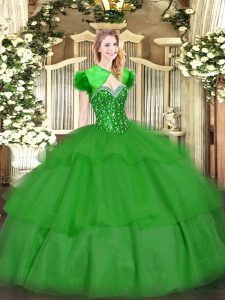 Smart Green Tulle Lace Up Sweetheart Sleeveless Floor Length 15th Birthday Dress Beading and Ruffled Layers