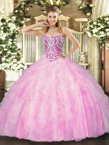 Rose Pink Sweetheart Lace Up Beading and Ruffles Quinceanera Dresses Sleeveless