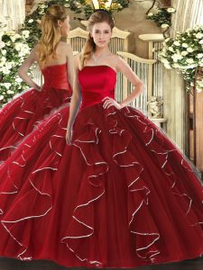 Wine Red Lace Up Sweet 16 Quinceanera Dress Ruffled Layers Sleeveless Floor Length