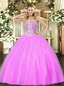 Lilac Ball Gowns Beading Quince Ball Gowns Lace Up Tulle Sleeveless Floor Length