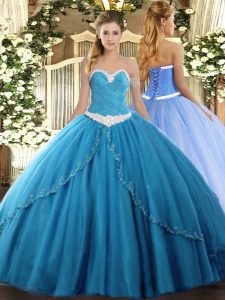 Latest Baby Blue Quinceanera Dresses Tulle Brush Train Sleeveless Appliques