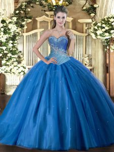 Sleeveless Tulle Floor Length Lace Up Ball Gown Prom Dress in Blue with Beading