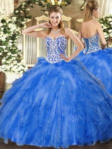 On Sale Blue Sleeveless Tulle Lace Up Quinceanera Gowns for Military Ball and Sweet 16 and Quinceanera