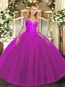 New Arrival Long Sleeves Floor Length Lace Lace Up Sweet 16 Dress with Fuchsia