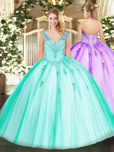 Sumptuous Beading 15th Birthday Dress Turquoise Lace Up Sleeveless Floor Length