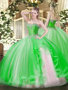 Green Halter Top Neckline Beading and Ruffles 15 Quinceanera Dress Sleeveless Lace Up