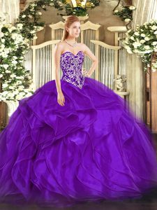 Adorable Purple Sleeveless Organza Lace Up 15th Birthday Dress for Military Ball and Sweet 16 and Quinceanera