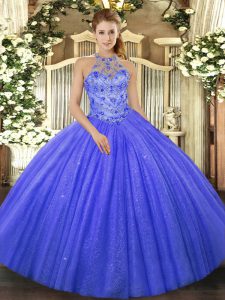 Popular Blue Ball Gowns Tulle Halter Top Sleeveless Beading and Embroidery Floor Length Lace Up Quinceanera Dresses