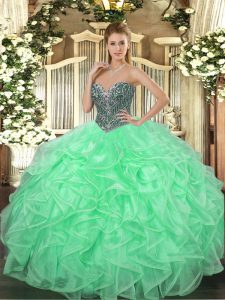 Glittering Apple Green Sleeveless Floor Length Beading and Ruffles Lace Up Sweet 16 Dresses