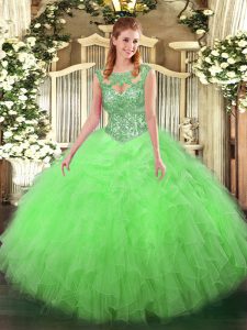 Traditional Tulle Sleeveless Floor Length 15th Birthday Dress and Beading and Ruffles
