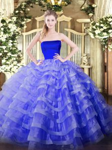 Customized Blue Ball Gowns Strapless Sleeveless Tulle Floor Length Zipper Ruffled Layers Quince Ball Gowns