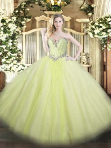 Cheap Yellow Green Sleeveless Floor Length Beading Lace Up 15 Quinceanera Dress