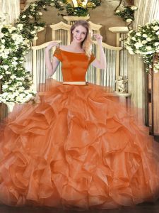 Orange Red Two Pieces Organza Off The Shoulder Short Sleeves Appliques and Ruffles Floor Length Zipper Ball Gown Prom Dress