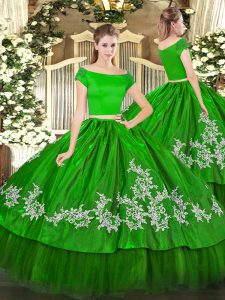 Flirting Floor Length Green Quinceanera Dresses Organza and Taffeta Short Sleeves Embroidery