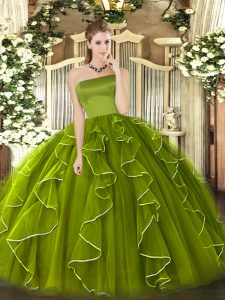 Simple Strapless Sleeveless Zipper Sweet 16 Quinceanera Dress Olive Green Tulle