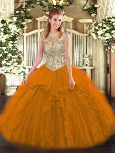 Orange Red Scoop Neckline Beading and Ruffles Quinceanera Gown Sleeveless Lace Up