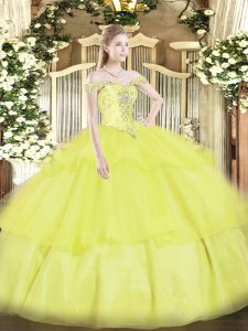 Eye-catching Yellow Ball Gowns Organza Off The Shoulder Sleeveless Beading and Ruffled Layers Floor Length Lace Up Sweet 16 Dress