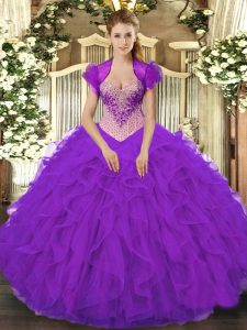 Modest Sleeveless Floor Length Beading and Ruffles Lace Up Sweet 16 Dress with Purple