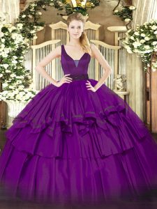 Discount Purple Straps Zipper Beading and Ruffled Layers Ball Gown Prom Dress Sleeveless