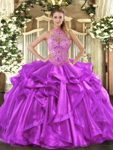 Ball Gowns Sweet 16 Quinceanera Dress Purple Halter Top Organza Sleeveless Floor Length Lace Up