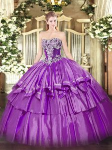 Elegant Purple Organza and Taffeta Lace Up Quince Ball Gowns Sleeveless Floor Length Beading and Ruffled Layers