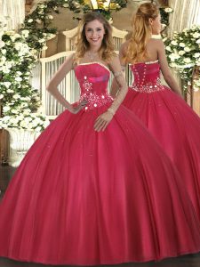 Shining Red Tulle Lace Up Strapless Sleeveless Floor Length Vestidos de Quinceanera Beading