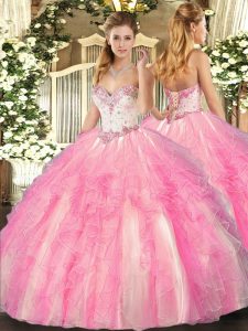 Hot Sale Ball Gowns Quinceanera Gowns Rose Pink Sweetheart Tulle Sleeveless Floor Length Lace Up