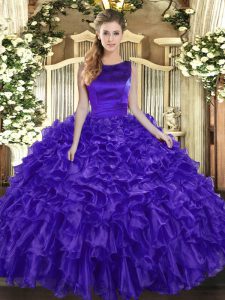 Purple Quince Ball Gowns Military Ball and Sweet 16 and Quinceanera with Ruffles Scoop Sleeveless Lace Up