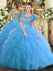 Clearance Tulle Scoop Sleeveless Clasp Handle Beading and Ruffled Layers Quince Ball Gowns in Aqua Blue