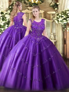 Popular Purple Scoop Neckline Beading and Appliques Vestidos de Quinceanera Sleeveless Zipper