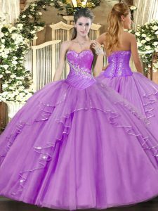 Custom Made Sleeveless Tulle Floor Length Side Zipper 15th Birthday Dress in Lavender with Beading and Ruffles