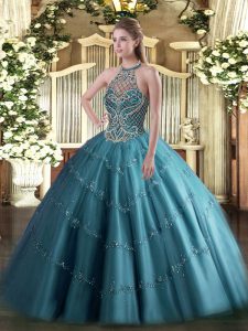 On Sale Floor Length Lace Up 15 Quinceanera Dress Teal for Sweet 16 and Quinceanera with Beading