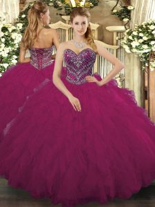 Floor Length Fuchsia Ball Gown Prom Dress Tulle Sleeveless Beading and Ruffled Layers