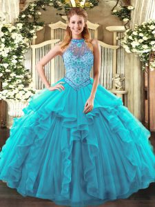 Exquisite Sleeveless Organza Floor Length Lace Up Vestidos de Quinceanera in Teal with Beading and Ruffles
