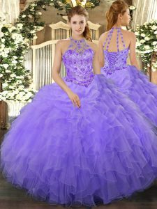 Lavender Halter Top Neckline Beading and Ruffles Quince Ball Gowns Sleeveless Lace Up
