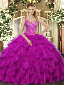 Perfect Fuchsia Quinceanera Dresses Military Ball and Sweet 16 and Quinceanera with Beading and Ruffles V-neck Sleeveless Lace Up