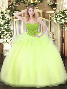 Fashionable Yellow Green Lace Up Sweet 16 Dress Beading Sleeveless Floor Length