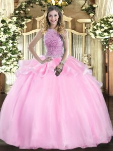 Adorable Sleeveless Floor Length Beading Lace Up 15th Birthday Dress with Pink