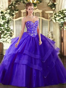 Cheap Purple Tulle Lace Up Sweetheart Sleeveless Floor Length 15th Birthday Dress Embroidery and Ruffled Layers