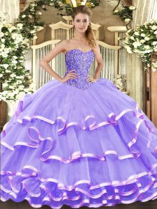 Lavender Ball Gowns Sweetheart Sleeveless Organza Floor Length Lace Up Beading and Ruffled Layers Quinceanera Gowns