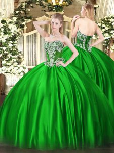Decent Green Ball Gowns Beading Sweet 16 Dress Lace Up Satin Sleeveless Floor Length