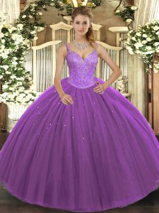Adorable V-neck Sleeveless Ball Gown Prom Dress Floor Length Beading Purple Tulle