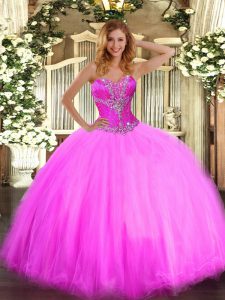 Sexy Fuchsia Sleeveless Tulle Lace Up Quinceanera Gown for Sweet 16 and Quinceanera
