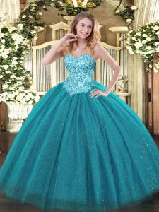 Inexpensive Tulle and Sequined Sweetheart Sleeveless Lace Up Appliques 15th Birthday Dress in Teal