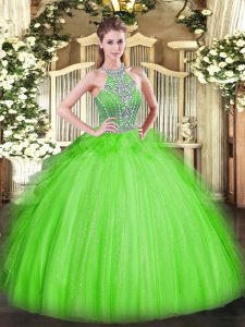 Ball Gowns Tulle Halter Top Sleeveless Beading and Ruffles Floor Length Lace Up Quinceanera Gowns