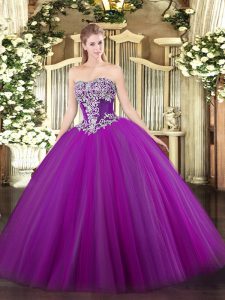 Purple Ball Gowns Beading Quinceanera Dresses Lace Up Tulle Sleeveless Floor Length